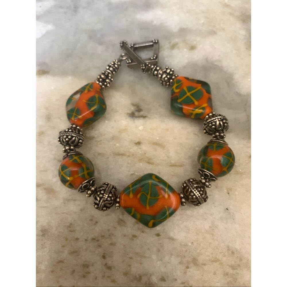 Vintage Orange Green Murano Glass Bali Sterling Silver Bracelet #handmade